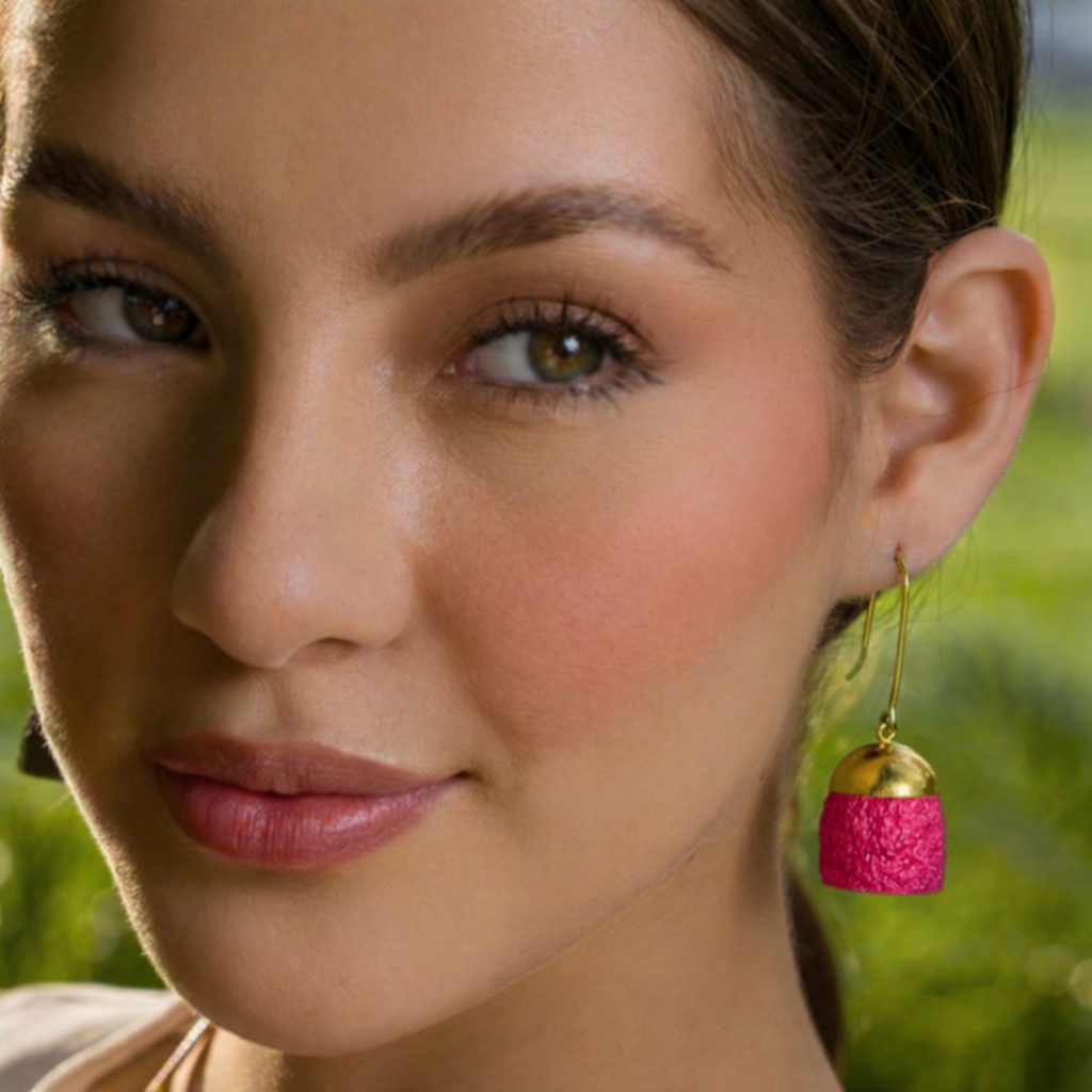 Silk Cocoon Bell Earrings - Half - Fuchsia
